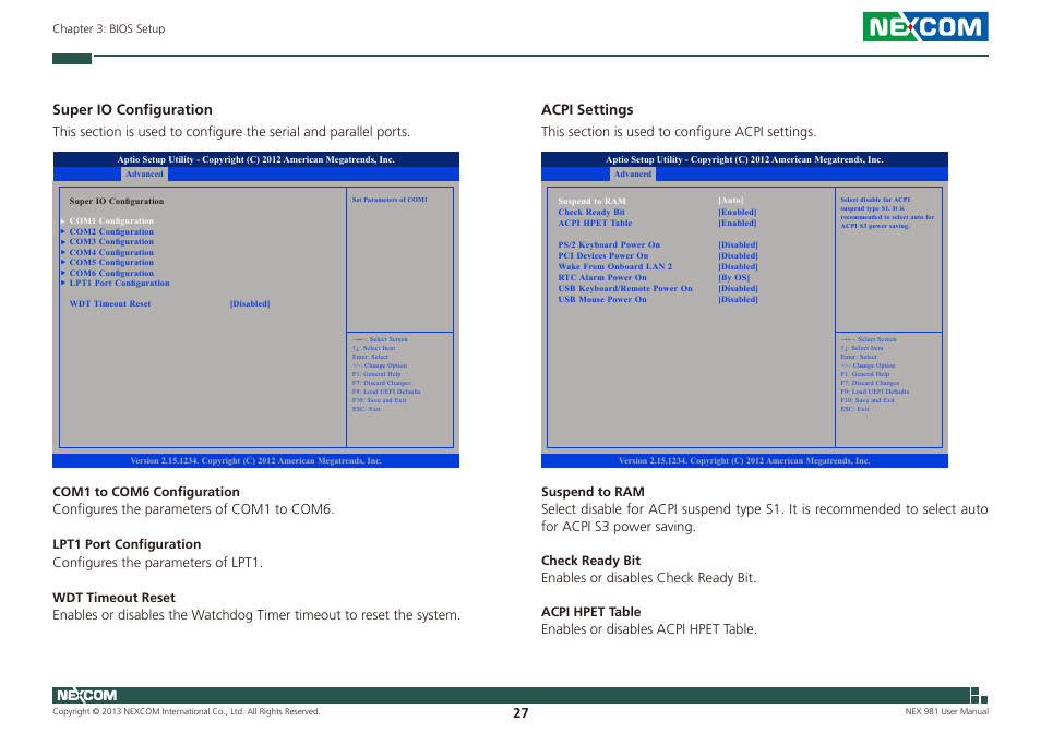 Acpi settings, Super io configuration | NEXCOM NEX 981 User Manual | Page 41 / 47