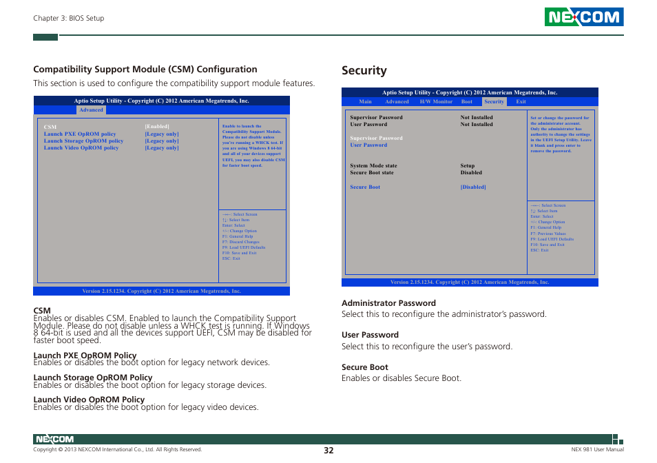 Security, Compatibility support module (csm) configuration | NEXCOM NEX 981 User Manual | Page 46 / 47