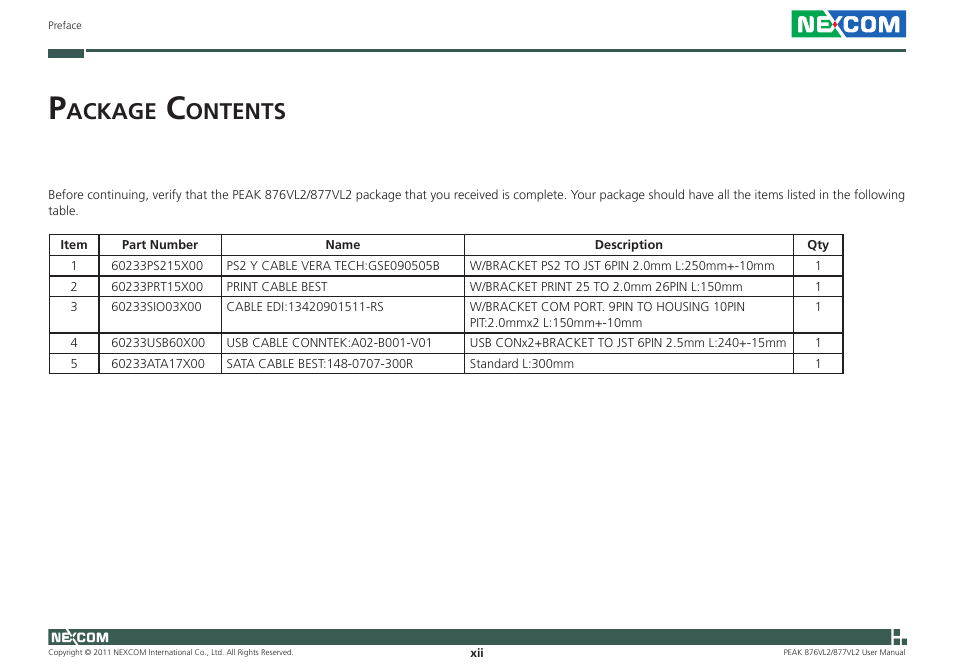 Ackage, Ontents | NEXCOM PEAK 876VL2 User Manual | Page 12 / 64