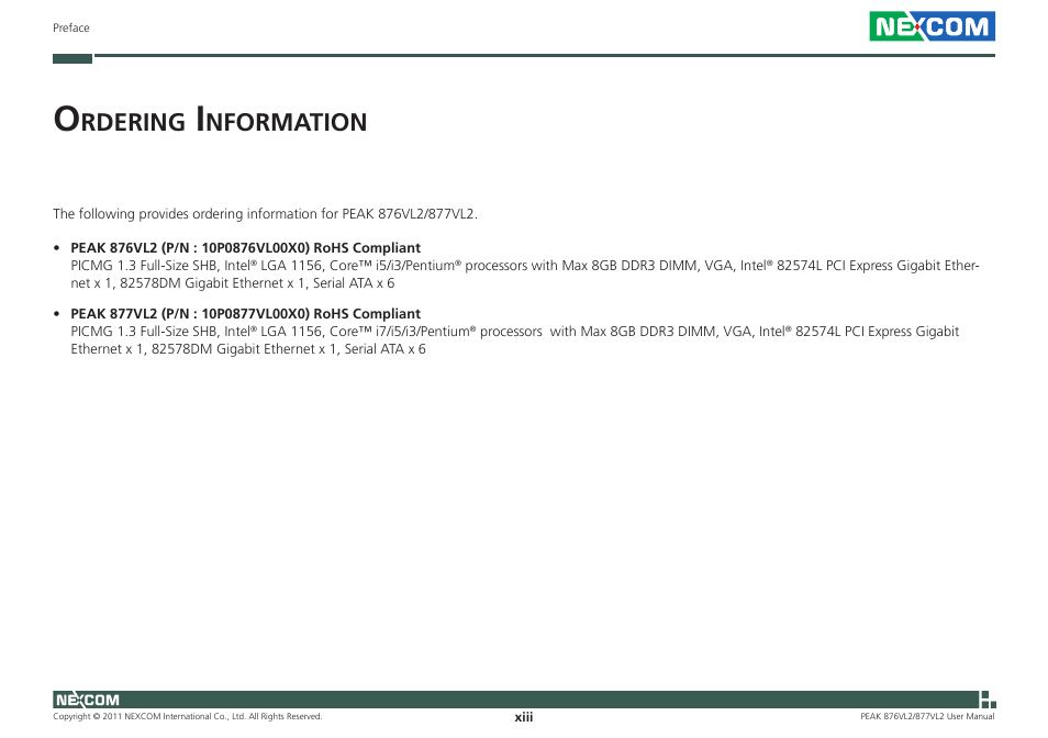 Rdering, Nformation | NEXCOM PEAK 876VL2 User Manual | Page 13 / 64