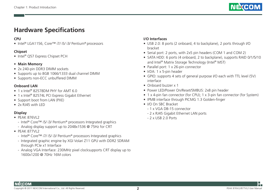 Hardware specifications | NEXCOM PEAK 876VL2 User Manual | Page 15 / 64