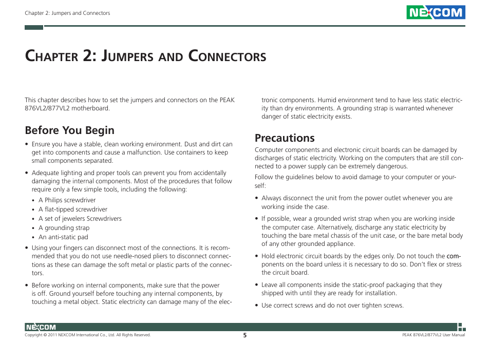 Hapter, Umpers, Onnectors | Before you begin, Precautions | NEXCOM PEAK 876VL2 User Manual | Page 18 / 64