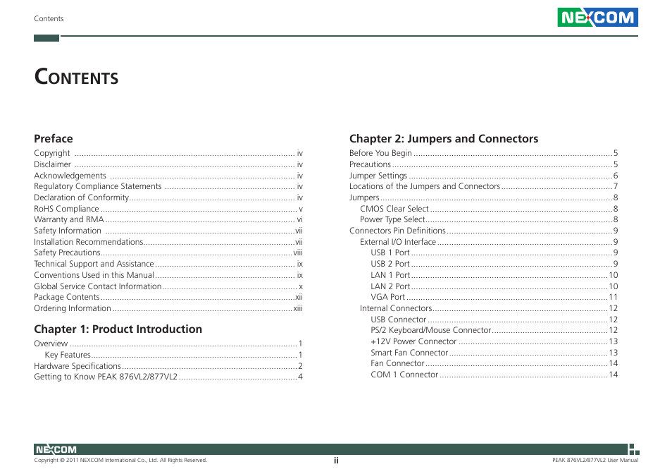 Ontents | NEXCOM PEAK 876VL2 User Manual | Page 2 / 64