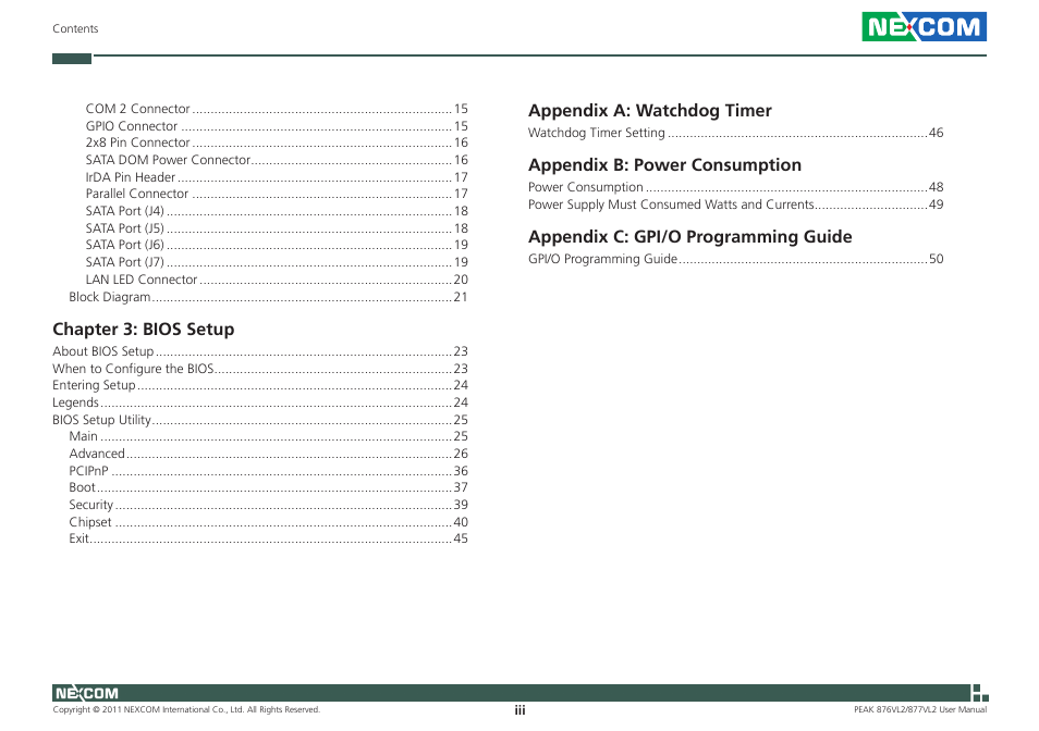 Chapter 3: bios setup, Appendix a: watchdog timer, Appendix b: power consumption | Appendix c: gpi/o programming guide | NEXCOM PEAK 876VL2 User Manual | Page 3 / 64