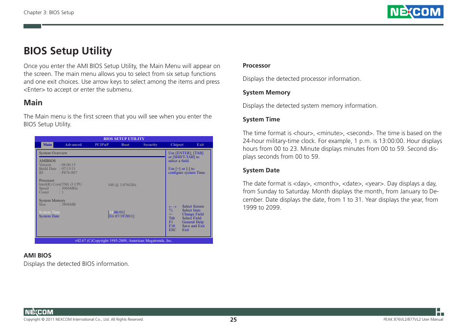 Bios setup utility, Main | NEXCOM PEAK 876VL2 User Manual | Page 38 / 64