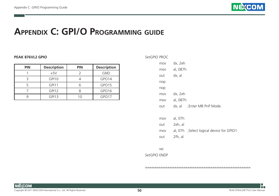 C: gpi/o p, Ppendix, Rogramming | Guide | NEXCOM PEAK 876VL2 User Manual | Page 63 / 64