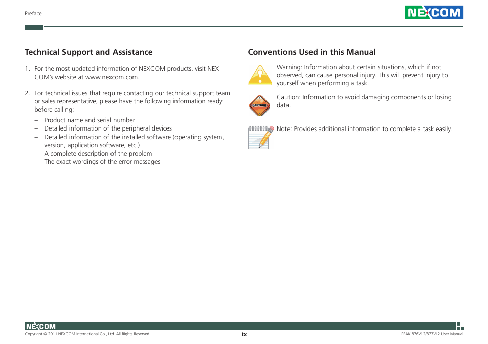 Conventions used in this manual, Technical support and assistance | NEXCOM PEAK 876VL2 User Manual | Page 9 / 64