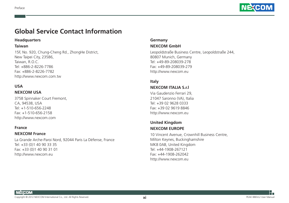 Global service contact information | NEXCOM PEAK 886VL2 User Manual | Page 11 / 58