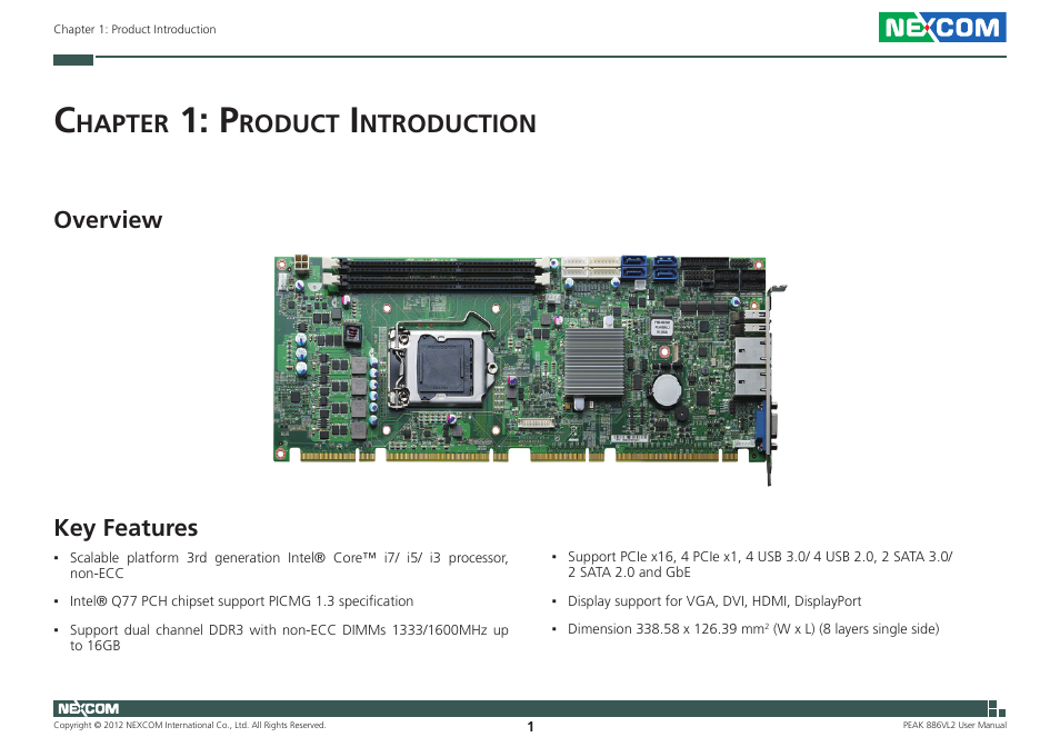 Hapter, Roduct, Ntroduction | Key features, Overview | NEXCOM PEAK 886VL2 User Manual | Page 16 / 58