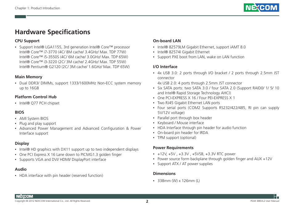 Hardware specifications | NEXCOM PEAK 886VL2 User Manual | Page 17 / 58