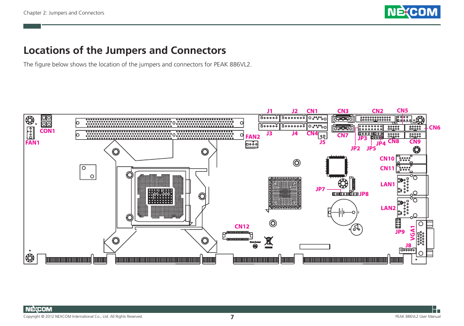 Locations of the jumpers and connectors, Lan1, Lan2 | Cn11, Cn10, Fan2, Fan1, Con1, Vga1, Cn12 | NEXCOM PEAK 886VL2 User Manual | Page 22 / 58