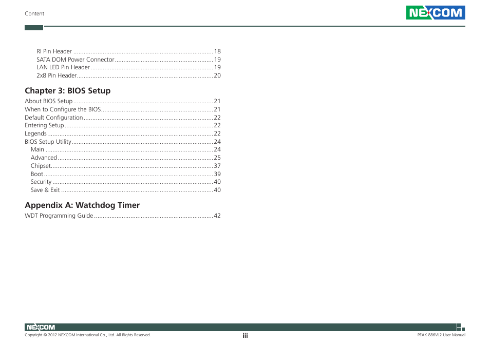 Chapter 3: bios setup, Appendix a: watchdog timer | NEXCOM PEAK 886VL2 User Manual | Page 3 / 58