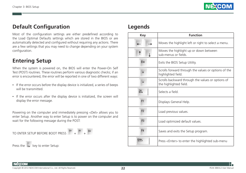 Default configuration, Entering setup, Legends | NEXCOM PEAK 886VL2 User Manual | Page 37 / 58