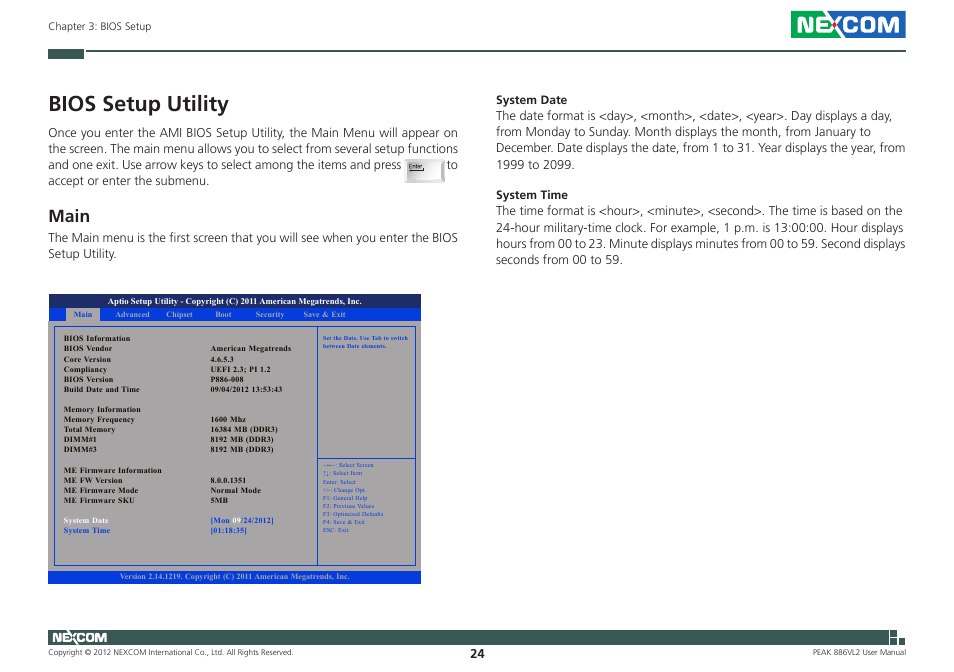 Bios setup utility, Main | NEXCOM PEAK 886VL2 User Manual | Page 39 / 58