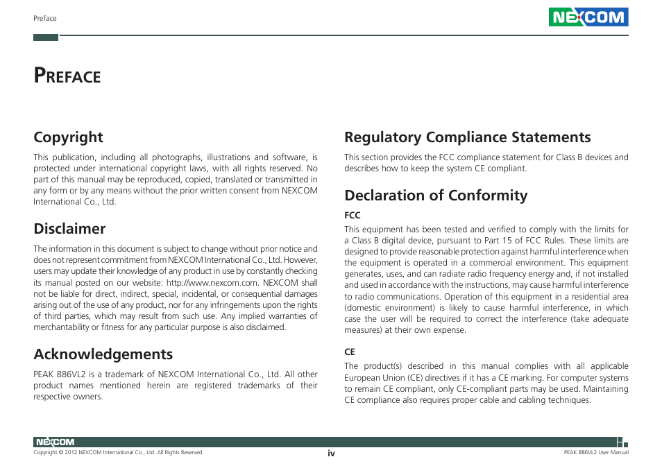 Reface, Copyright, Disclaimer | Acknowledgements, Regulatory compliance statements, Declaration of conformity | NEXCOM PEAK 886VL2 User Manual | Page 4 / 58