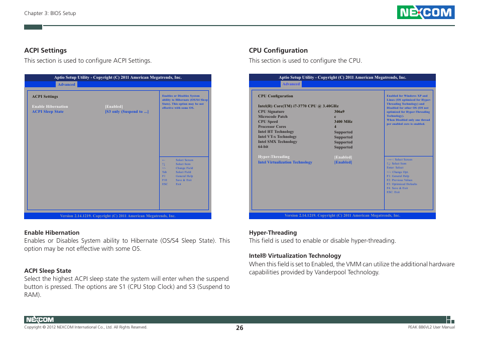 Acpi settings, Cpu configuration | NEXCOM PEAK 886VL2 User Manual | Page 41 / 58