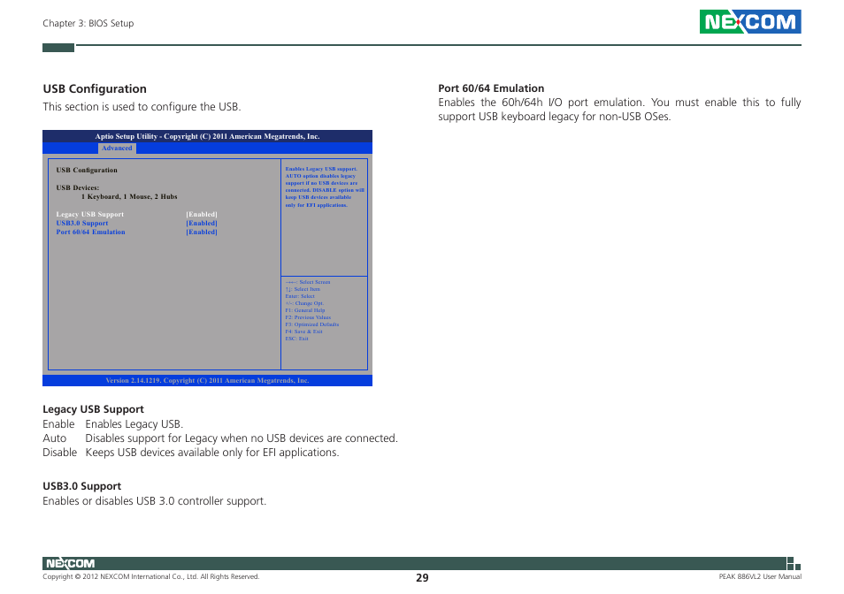 Usb configuration | NEXCOM PEAK 886VL2 User Manual | Page 44 / 58