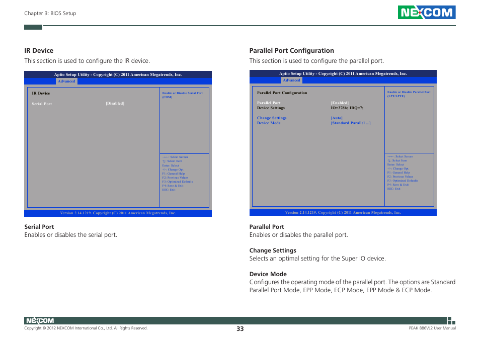 Ir device, Parallel port configuration | NEXCOM PEAK 886VL2 User Manual | Page 48 / 58