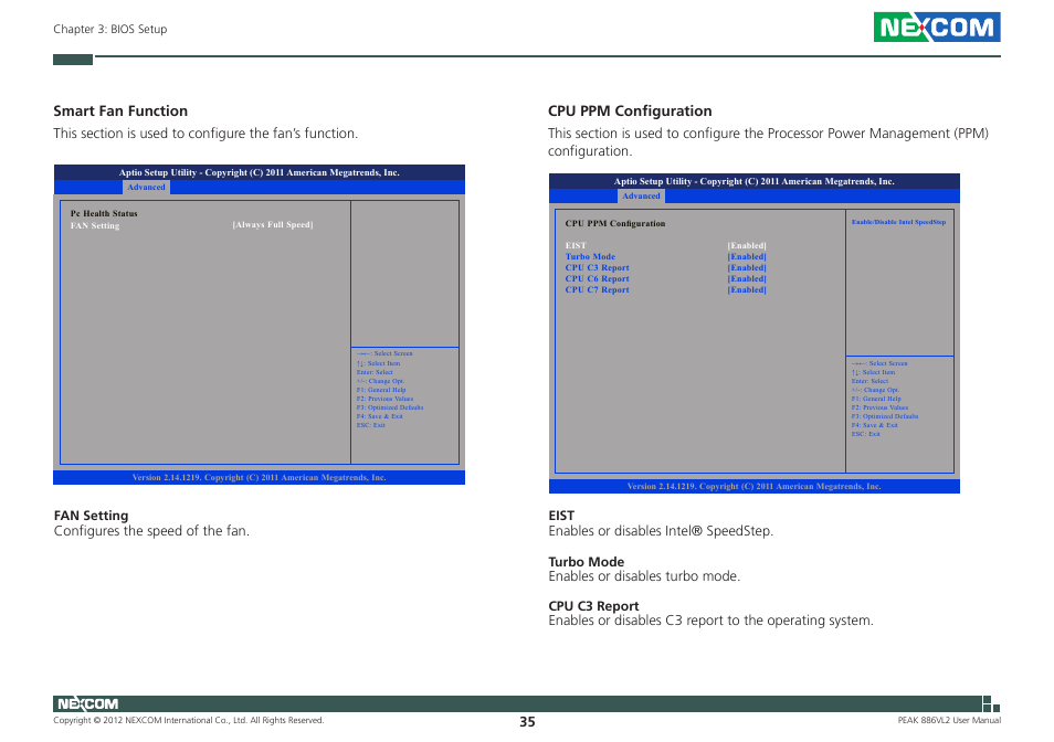 Smart fan function, Cpu ppm configuration | NEXCOM PEAK 886VL2 User Manual | Page 50 / 58