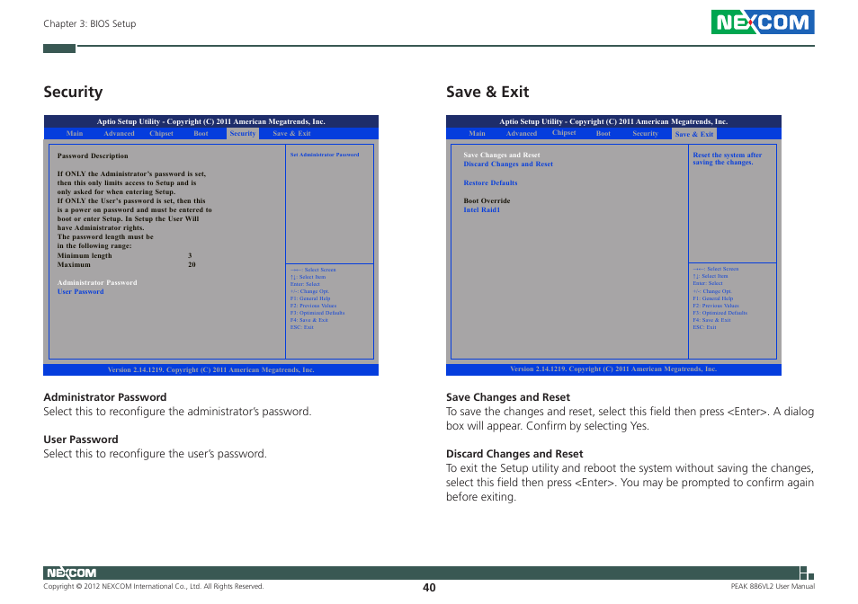 Security, Save & exit | NEXCOM PEAK 886VL2 User Manual | Page 55 / 58