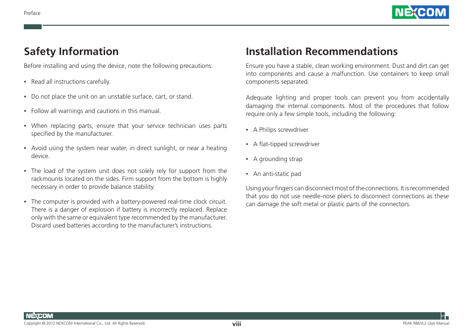 Installation recommendations, Safety information | NEXCOM PEAK 886VL2 User Manual | Page 8 / 58