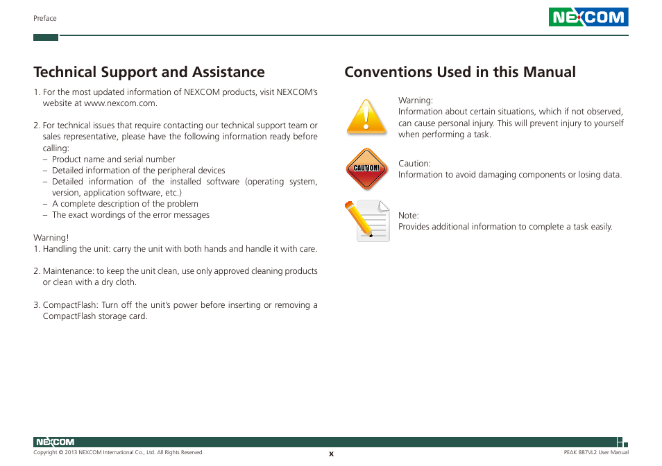 Technical support and assistance, Conventions used in this manual | NEXCOM PEAK 887VL2 User Manual | Page 10 / 53