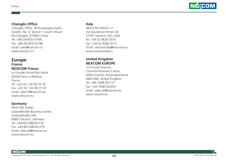 Europe | NEXCOM PEAK 887VL2 User Manual | Page 12 / 53