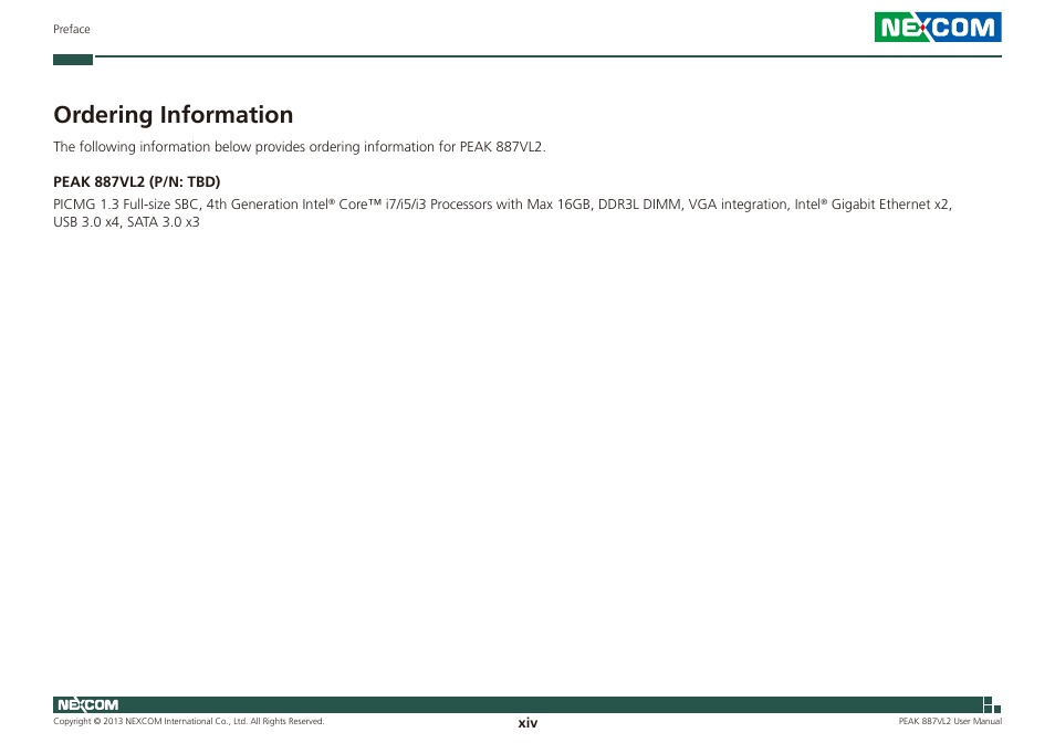 Ordering information | NEXCOM PEAK 887VL2 User Manual | Page 14 / 53