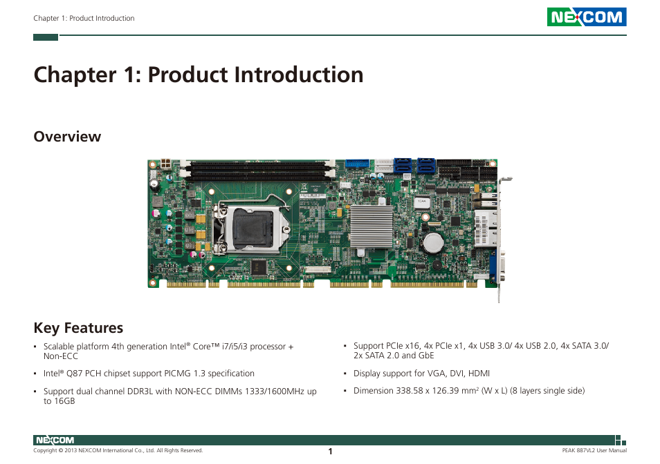 Chapter 1: product introduction, Overview key features, Key features | Overview | NEXCOM PEAK 887VL2 User Manual | Page 15 / 53