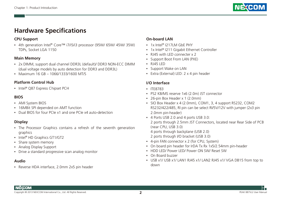 Hardware specifications | NEXCOM PEAK 887VL2 User Manual | Page 16 / 53