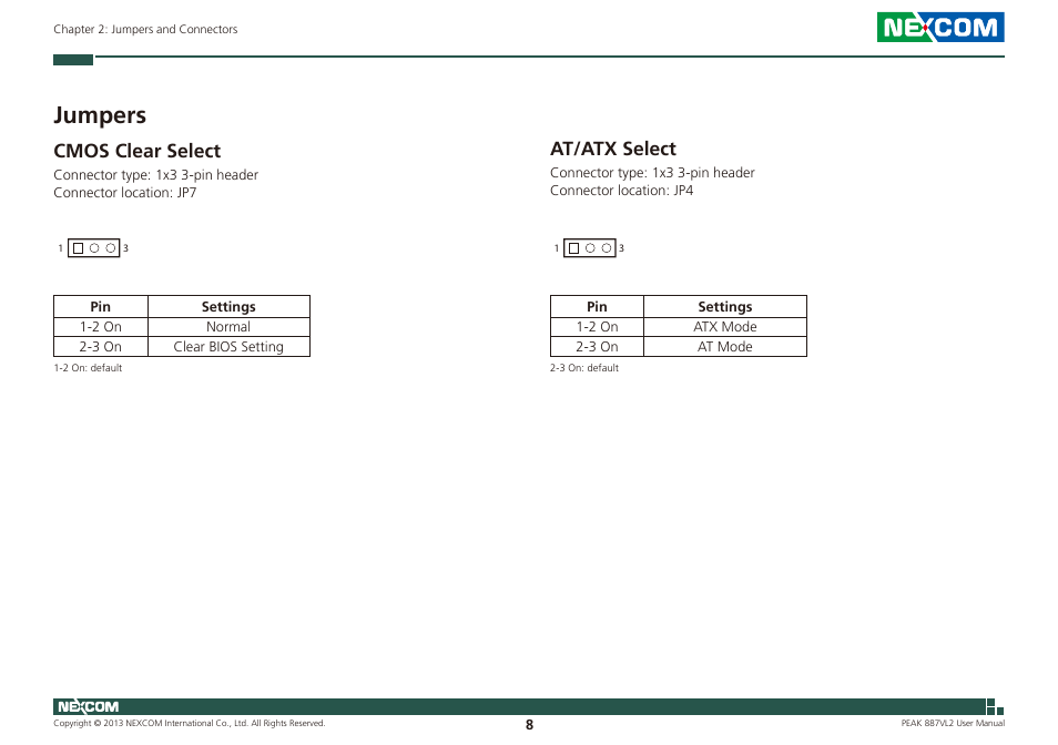 Jumpers, Cmos clear select at/atx select, Cmos clear select | At/atx select | NEXCOM PEAK 887VL2 User Manual | Page 22 / 53