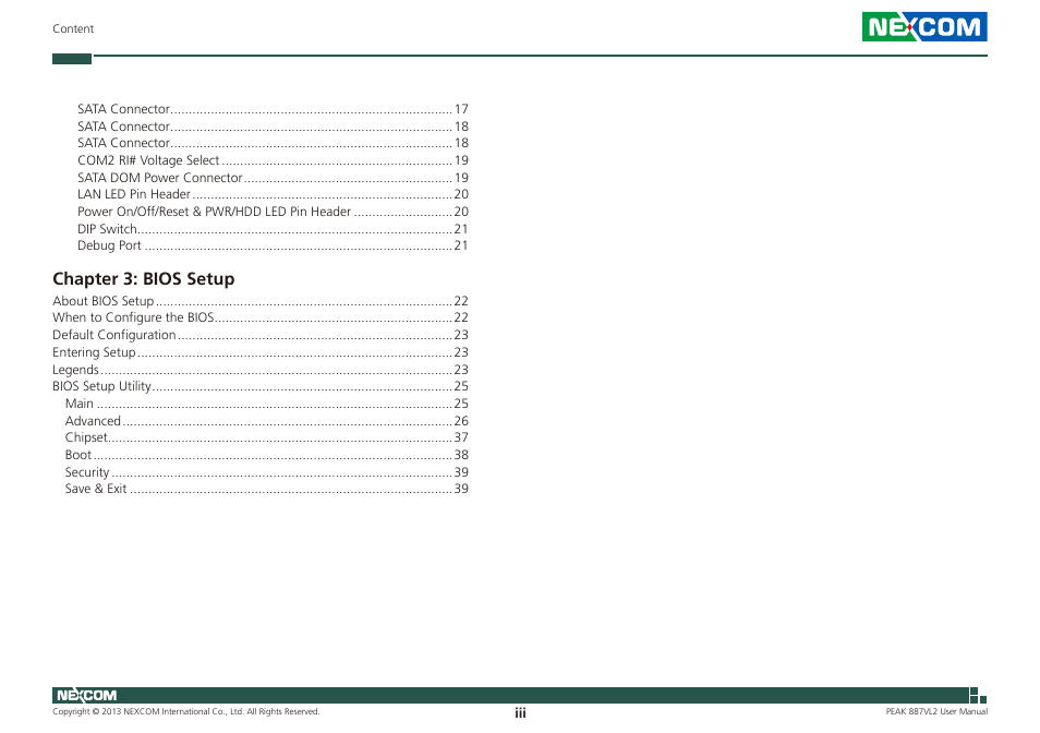 Chapter 3: bios setup | NEXCOM PEAK 887VL2 User Manual | Page 3 / 53