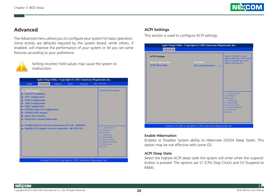 Advanced, Acpi settings | NEXCOM PEAK 887VL2 User Manual | Page 40 / 53