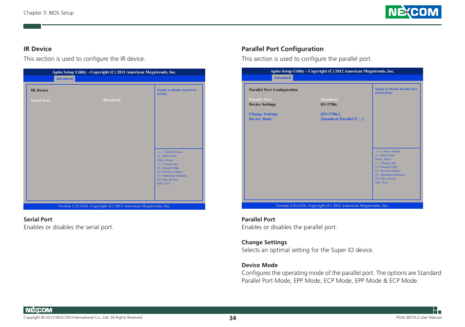 Ir device, Parallel port configuration | NEXCOM PEAK 887VL2 User Manual | Page 48 / 53