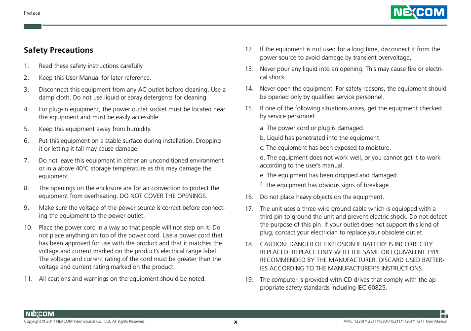 Safety precautions | NEXCOM APPC 1220T User Manual | Page 10 / 110
