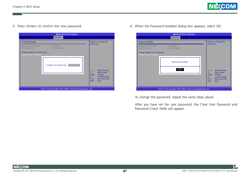 Press <enter> to confirm the new password | NEXCOM APPC 1220T User Manual | Page 102 / 110