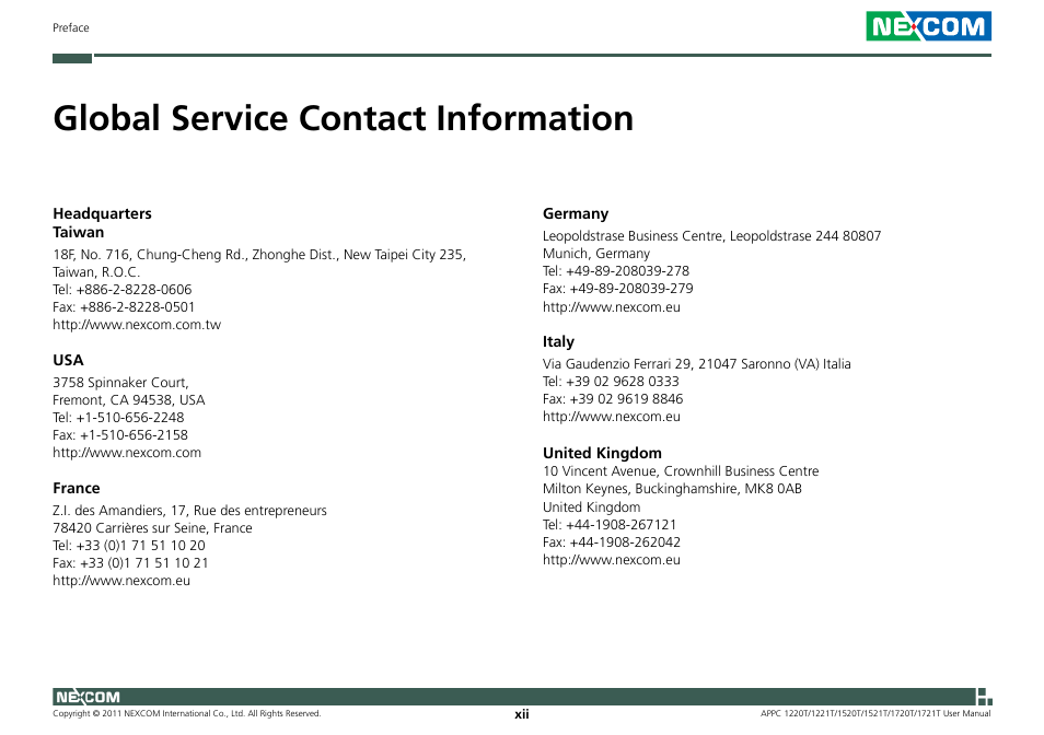 Global service contact information | NEXCOM APPC 1220T User Manual | Page 12 / 110