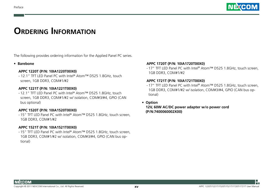 Rdering, Nformation | NEXCOM APPC 1220T User Manual | Page 15 / 110