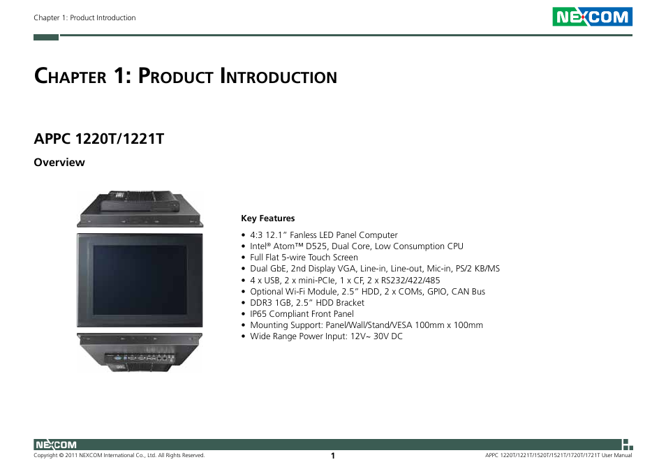 Hapter, Roduct, Ntroduction | NEXCOM APPC 1220T User Manual | Page 16 / 110