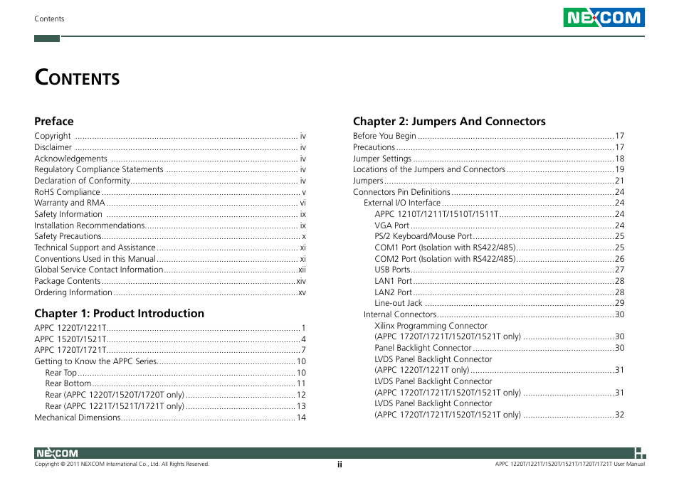 Ontents | NEXCOM APPC 1220T User Manual | Page 2 / 110