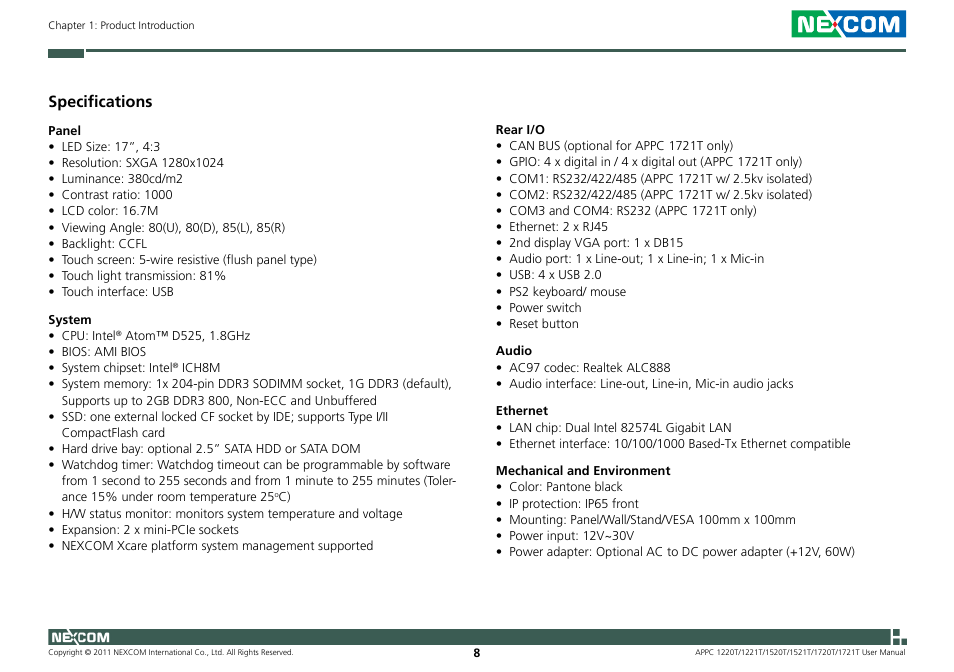 Specifications | NEXCOM APPC 1220T User Manual | Page 23 / 110