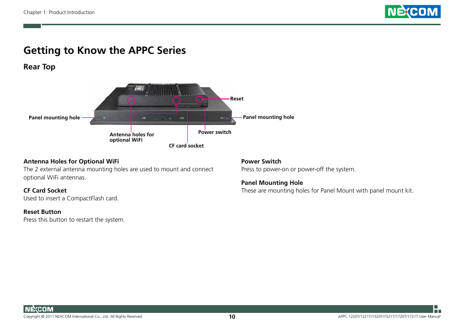 Getting to know the appc series, Rear top | NEXCOM APPC 1220T User Manual | Page 25 / 110