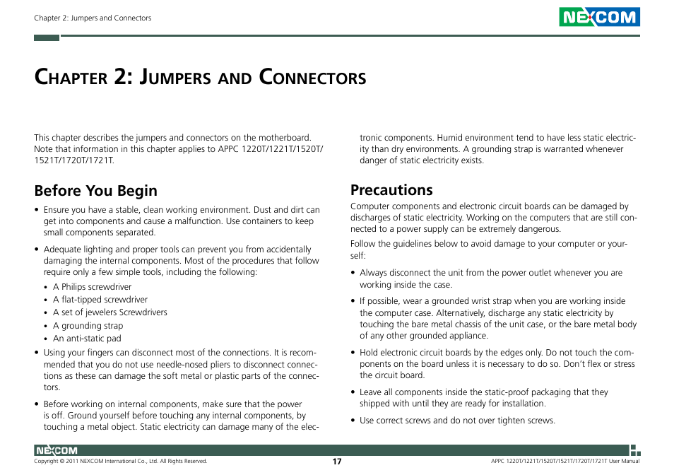 Hapter, Umpers, Onnectors | Before you begin, Precautions | NEXCOM APPC 1220T User Manual | Page 32 / 110