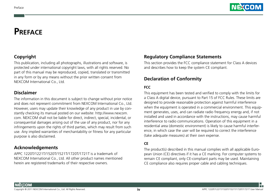 Reface | NEXCOM APPC 1220T User Manual | Page 4 / 110