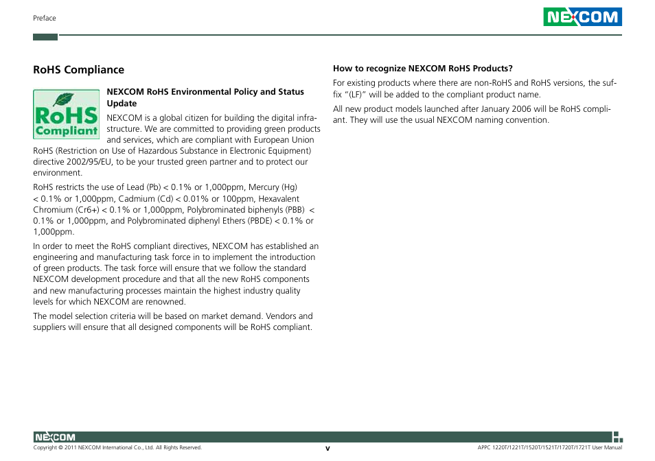 Rohs compliance | NEXCOM APPC 1220T User Manual | Page 5 / 110