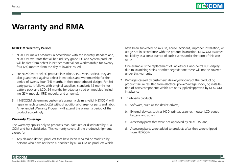 Warranty and rma | NEXCOM APPC 1220T User Manual | Page 6 / 110