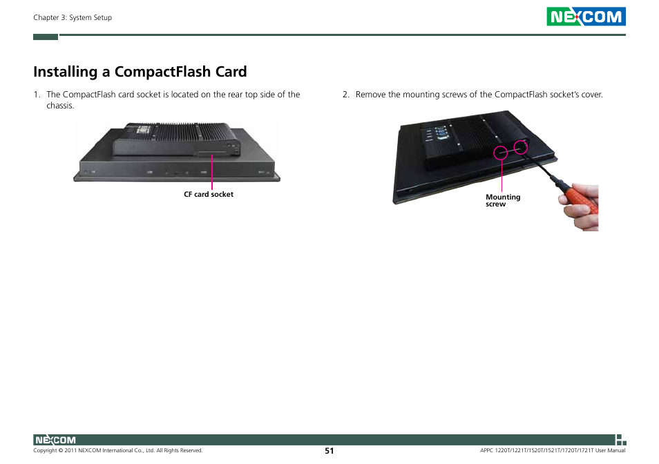 Installing a compactflash card | NEXCOM APPC 1220T User Manual | Page 66 / 110