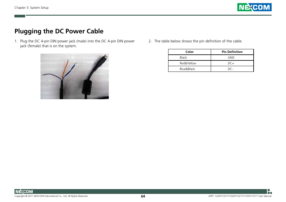 Plugging the dc power cable | NEXCOM APPC 1220T User Manual | Page 79 / 110