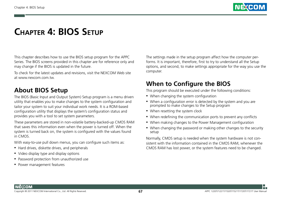 Bios s, Hapter, Etup | About bios setup, When to configure the bios | NEXCOM APPC 1220T User Manual | Page 82 / 110