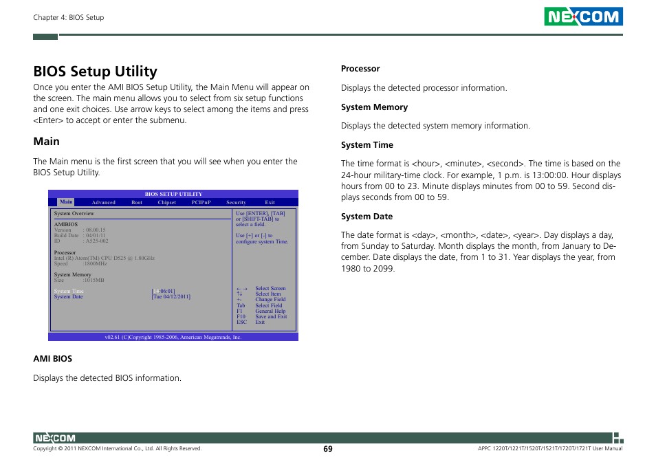 Bios setup utility, Main | NEXCOM APPC 1220T User Manual | Page 84 / 110